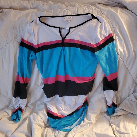 Bisou Bisou tunic long sleeve medium blue/ white/ black/ pink stripped - Picture 1 of 2